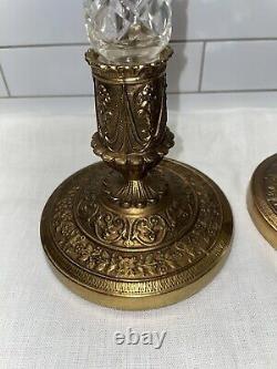 Vintage Pair French Empire Style Gilt Bronze and Crystal Candlesticks 13 H