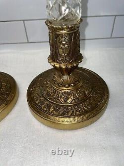 Vintage Pair French Empire Style Gilt Bronze and Crystal Candlesticks 13 H