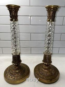 Vintage Pair French Empire Style Gilt Bronze and Crystal Candlesticks 13 H