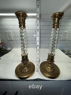 Vintage Pair French Empire Style Gilt Bronze and Crystal Candlesticks 13 H