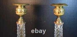 Vintage Pair French Empire Style Gilt Bronze and Crystal (Glass) Candlesticks