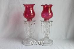 Vintage Pair Glass Candle Stick Holders With Hanging Prisms And Shades