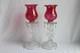 Vintage Pair Glass Candle Stick Holders With Hanging Prisms And Shades