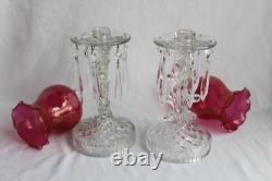Vintage Pair Glass Candle Stick Holders With Hanging Prisms And Shades