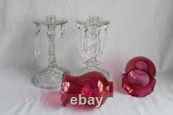 Vintage Pair Glass Candle Stick Holders With Hanging Prisms And Shades