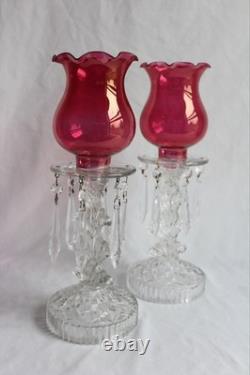 Vintage Pair Glass Candle Stick Holders With Hanging Prisms And Shades