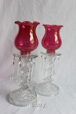 Vintage Pair Glass Candle Stick Holders With Hanging Prisms And Shades