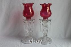 Vintage Pair Glass Candle Stick Holders With Hanging Prisms And Shades
