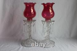 Vintage Pair Glass Candle Stick Holders With Hanging Prisms And Shades