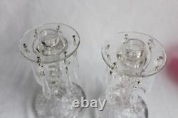 Vintage Pair Glass Candle Stick Holders With Hanging Prisms And Shades