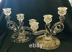 Vintage Pair Heisey Rose 3 Lite Candlesticks Etched Rose Crystal Glass Excellent