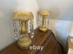 Vintage Pair MANTLE LUSTERS with Art Glass Crystals Prisms