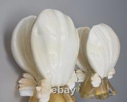 Vintage Pair MURANO Glass Seashell Candle Holders White With Gold Flecks