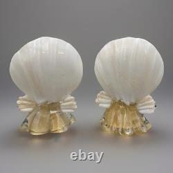 Vintage Pair MURANO Glass Seashell Candle Holders White With Gold Flecks