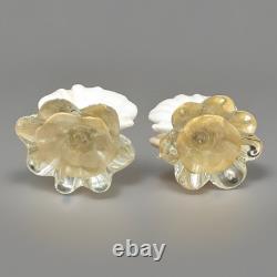 Vintage Pair MURANO Glass Seashell Candle Holders White With Gold Flecks