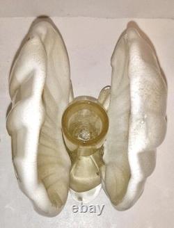 Vintage Pair MURANO Glass Seashell Candle Holders White With Gold Flecks