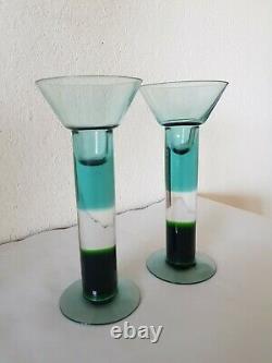 Vintage Pair NUUTAJARVI KERTTU NURMINEN Finland ART GLASS CANDLE HOLDERS Signed