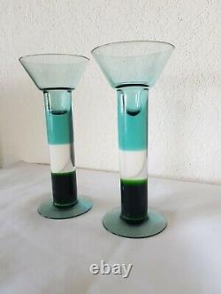 Vintage Pair NUUTAJARVI KERTTU NURMINEN Finland ART GLASS CANDLE HOLDERS Signed