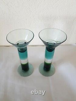 Vintage Pair NUUTAJARVI KERTTU NURMINEN Finland ART GLASS CANDLE HOLDERS Signed