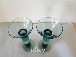 Vintage Pair NUUTAJARVI KERTTU NURMINEN Finland ART GLASS CANDLE HOLDERS Signed