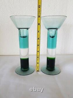 Vintage Pair NUUTAJARVI KERTTU NURMINEN Finland ART GLASS CANDLE HOLDERS Signed