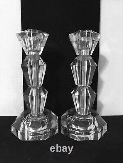 Vintage Pair Of Beautiful Octagon Heavy Cut Glass Candlestick Holders 8-1/4