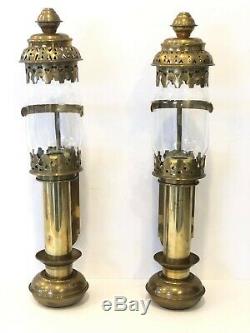 Vintage Pair Of Railway Train Carriage Wall Sconces Candle Holders Brass Glass