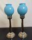 Vintage Pair Of Silver Candle Holder With Turquoise Glass Lamp Shades