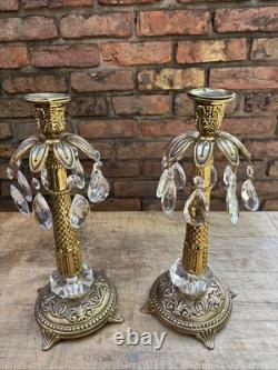 Vintage Pair Ornate Solid Brass Crystal Approx. 14 Tall Candles Stick Holders