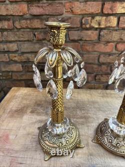 Vintage Pair Ornate Solid Brass Crystal Approx. 14 Tall Candles Stick Holders