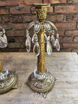 Vintage Pair Ornate Solid Brass Crystal Approx. 14 Tall Candles Stick Holders