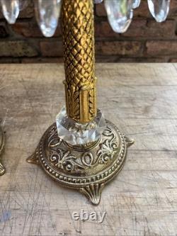 Vintage Pair Ornate Solid Brass Crystal Approx. 14 Tall Candles Stick Holders
