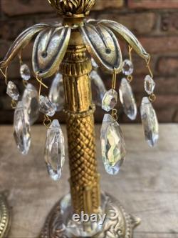 Vintage Pair Ornate Solid Brass Crystal Approx. 14 Tall Candles Stick Holders