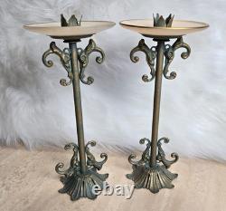 Vintage Pair Ornate Vintage Tapered Candle Holders Metal Glass Patina 9.5 Tall