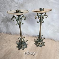 Vintage Pair Ornate Vintage Tapered Candle Holders Metal Glass Patina 9.5 Tall
