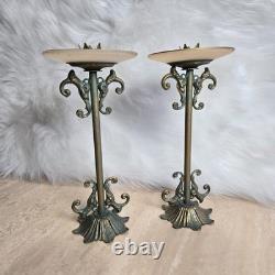 Vintage Pair Ornate Vintage Tapered Candle Holders Metal Glass Patina 9.5 Tall