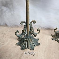 Vintage Pair Ornate Vintage Tapered Candle Holders Metal Glass Patina 9.5 Tall