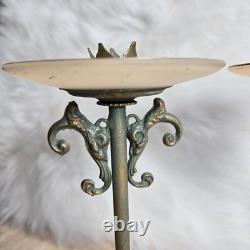 Vintage Pair Ornate Vintage Tapered Candle Holders Metal Glass Patina 9.5 Tall