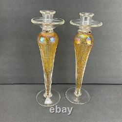 Vintage Pair VENETIAN MURANO Iridescent Gold Glass Candlestick Candle Holder 13