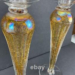 Vintage Pair VENETIAN MURANO Iridescent Gold Glass Candlestick Candle Holder 13