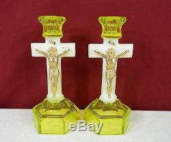 Vintage Pair of Crucifix Vaseline / Uranium Candlestick Candleholders EAPG