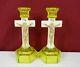 Vintage Pair Of Crucifix Vaseline / Uranium Candlestick Candleholders Eapg