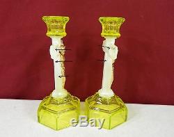 Vintage Pair of Crucifix Vaseline / Uranium Candlestick Candleholders EAPG