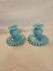 Vintage Pair Of Fenton Turquoise Candle Holders With Clear Ruffled Edge, Rare