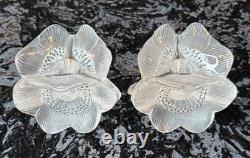 Vintage Pair of LALIQUE France Crystal Glass Three Anemones Candle Stick Holders