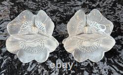 Vintage Pair of LALIQUE France Crystal Glass Three Anemones Candle Stick Holders