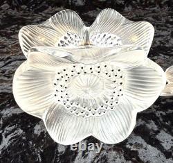 Vintage Pair of LALIQUE France Crystal Glass Three Anemones Candle Stick Holders