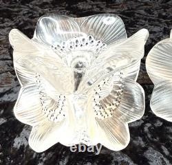 Vintage Pair of LALIQUE France Crystal Glass Three Anemones Candle Stick Holders