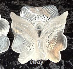 Vintage Pair of LALIQUE France Crystal Glass Three Anemones Candle Stick Holders