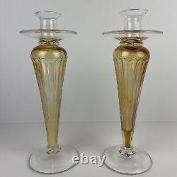 Vintage Pair of VENETIAN MURANO Clear & Amber Glass Candlesticks Candle Holders